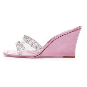 FSJ Satin Open Square Toe Wedge Heel Rhinestone Slide Sandals in Pink